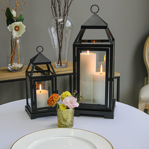 Richland Black Contemporary Metal Lantern with Clear Glasses - Large