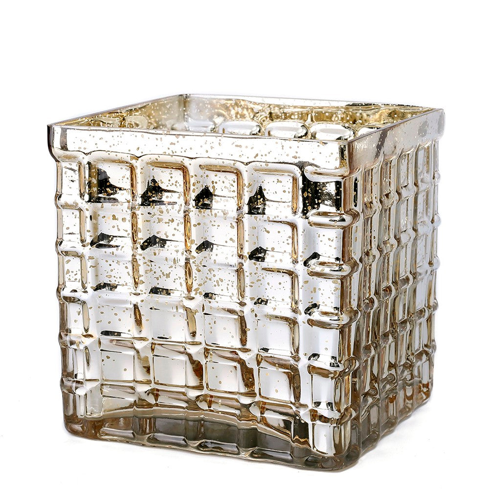 Gold Mercury Mosaic Glass Cube 6" - Square Vase & Candle Holder - view 1