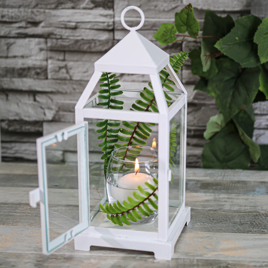 Richland White Contemporary Metal Lantern with Clear Glasses - Small