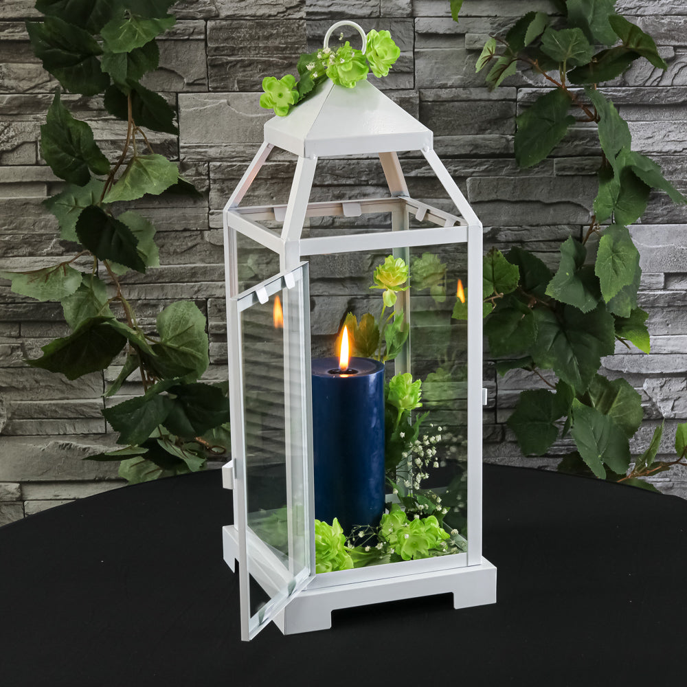 Richland White Contemporary Metal Lantern with Clear Glasses - Large