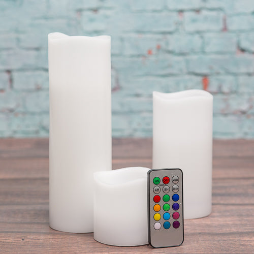Richland Flameless LED Remote Control Wavy Top Pillar Candle White 3"x3", 3"x6", 3"x9" Set of 18 - view 1