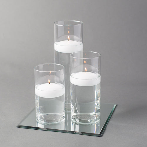 Eastland Square Mirror and Cylinder Vase Centerpiece with Richland 3" Floating Candles Set of 48