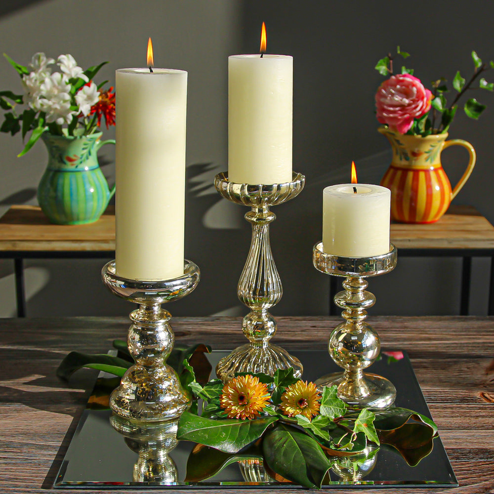 Richland Ribbed Unique Mercury Glass Pillar Candle Holder Set of 3