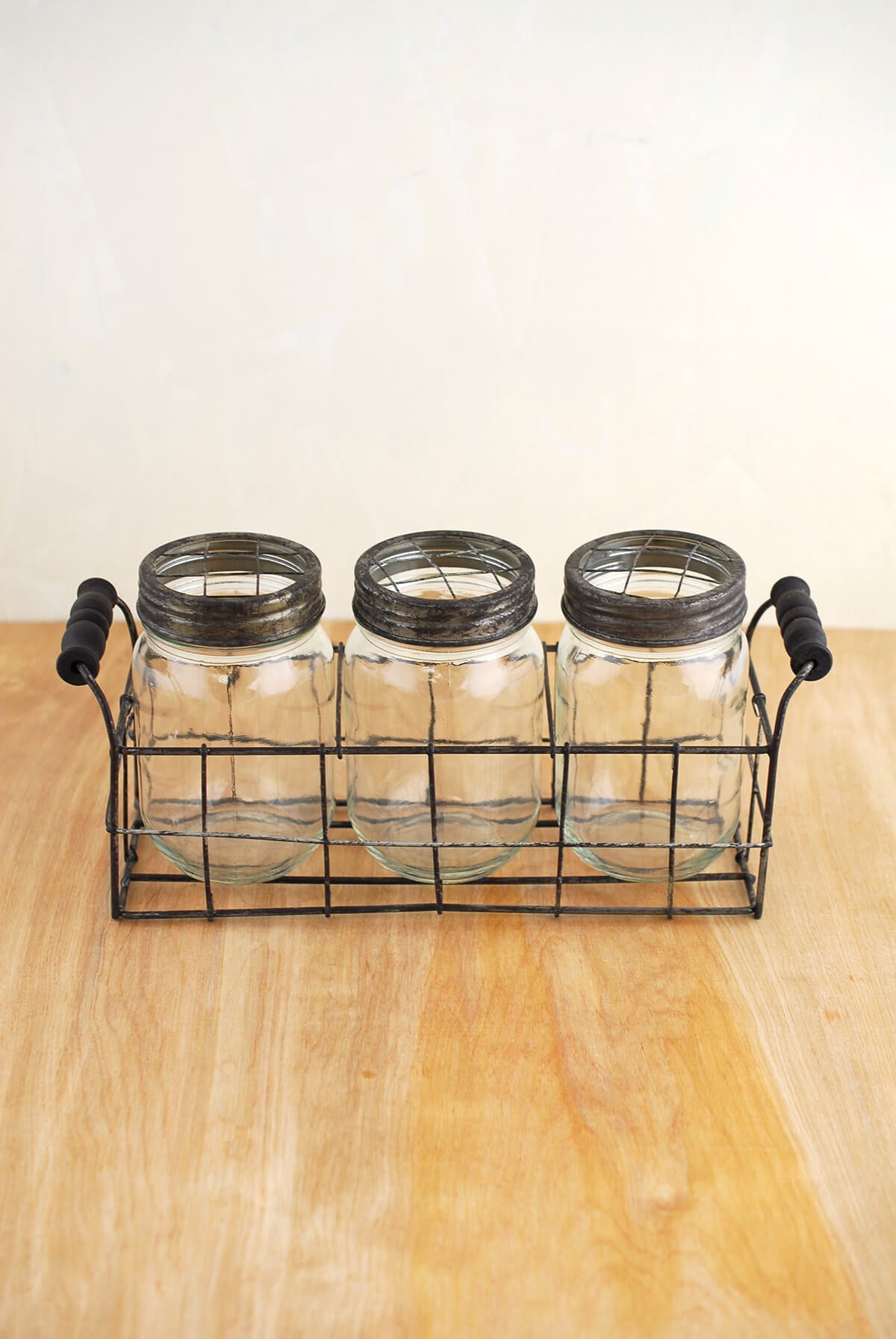 Wire Basket with 3 Glass Mason Jars with Frog Lids - view 1