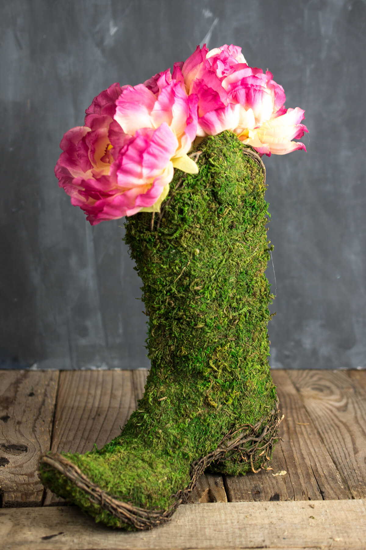 Moss Covered Cowboy Boot Topiary Pot  13in