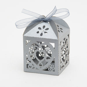 Richland Love Heart Laser Cut Favor Box with Organza Ribbon, Pearl Silver Set of 100