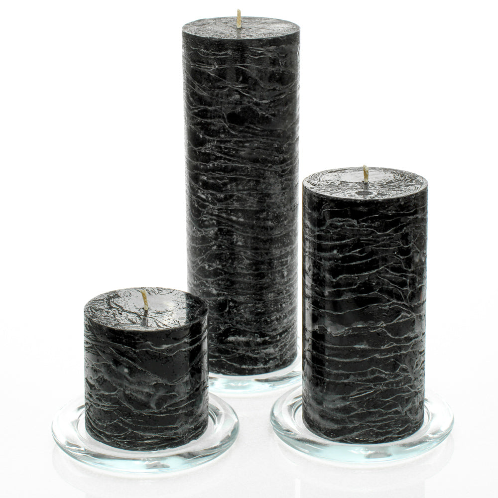 Richland Rustic Pillar Candle 3"x3", 3"x6" & 3"x9" Black Set of 36