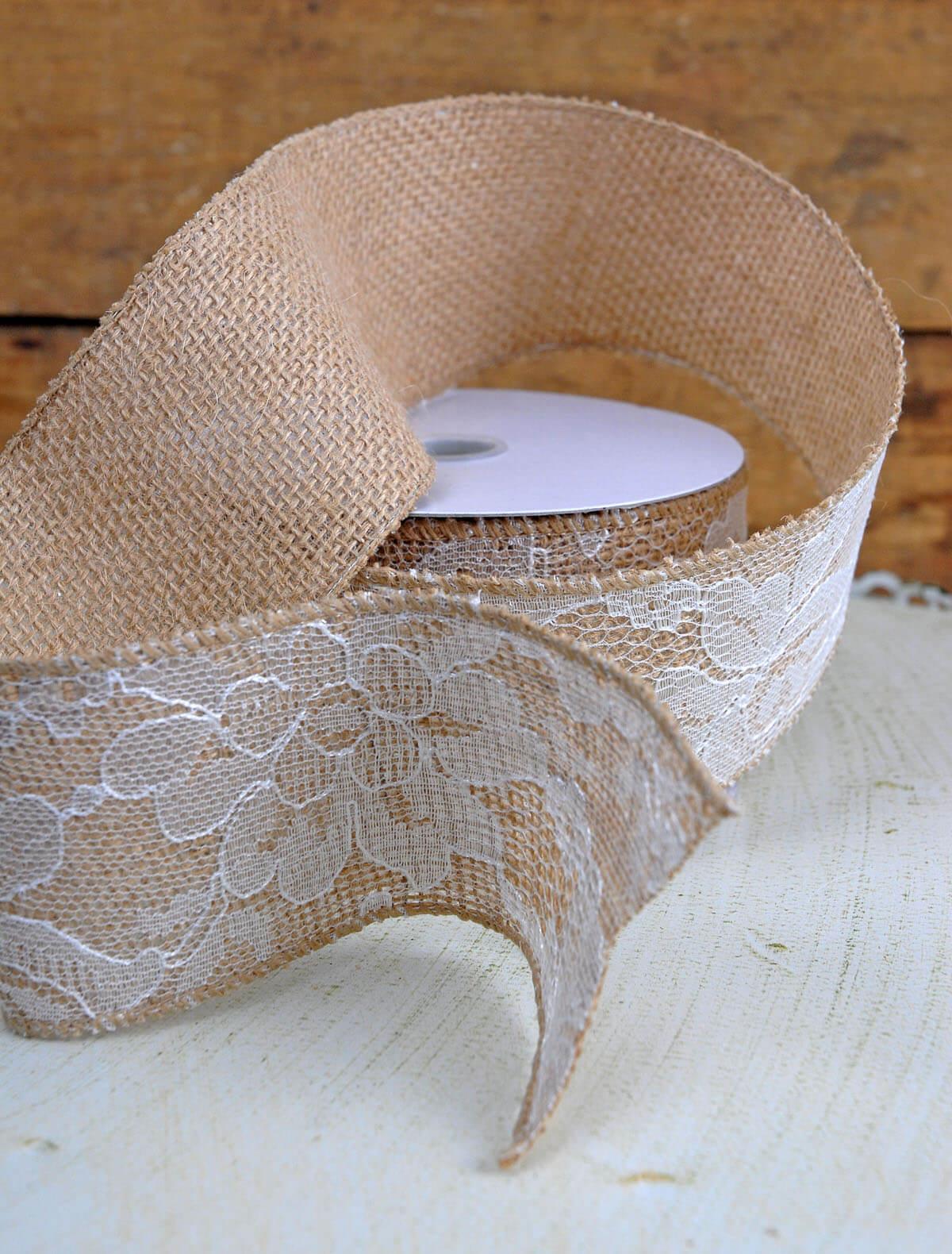 May Arts Ribbon Natural 1.5 Wired Burlap with Lace Edge, 10 yd