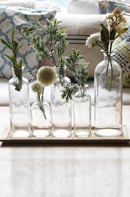5 glass bottle vases w tray 16in