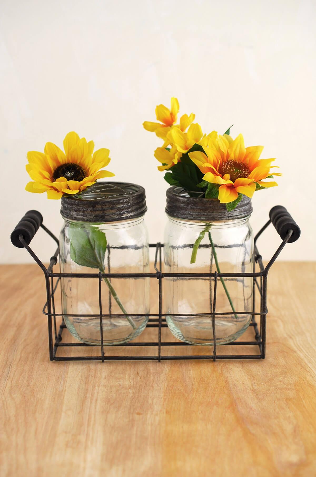 Wire Basket with 2 Glass Mason Jars with Frog Lids