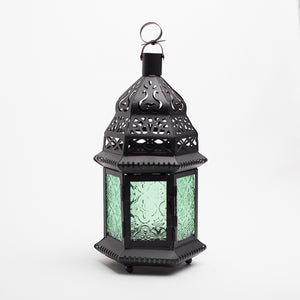 richland hanging moroccan metal lantern with green embossed glass