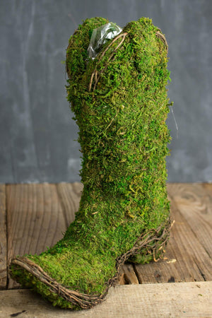 moss covered cowboy boot topiary pot 13in