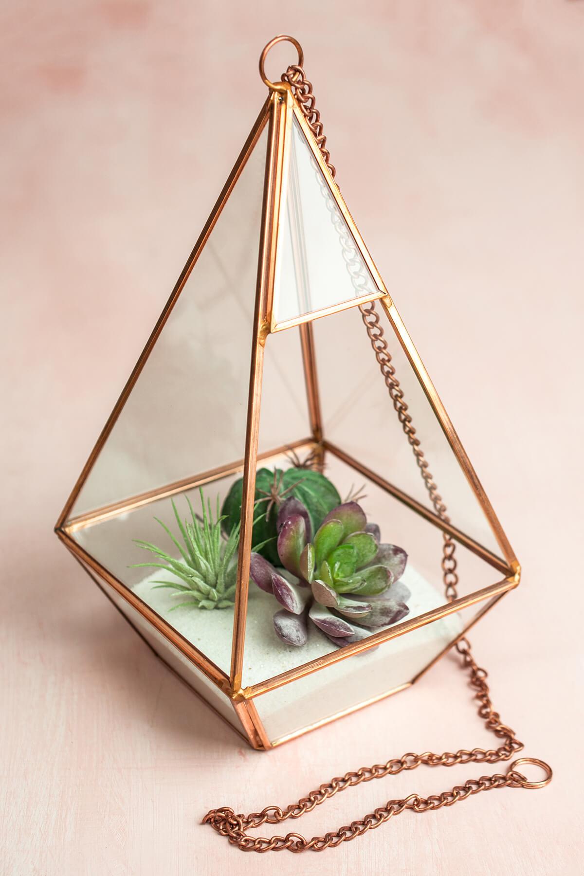 Copper Hanging 9" Hexagonal Based Glass & Metal Terrarium